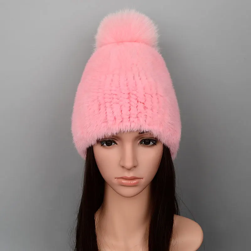 Mink Fur Cap Knitted Hats With Fox Hair Ball 2017 Winter Women