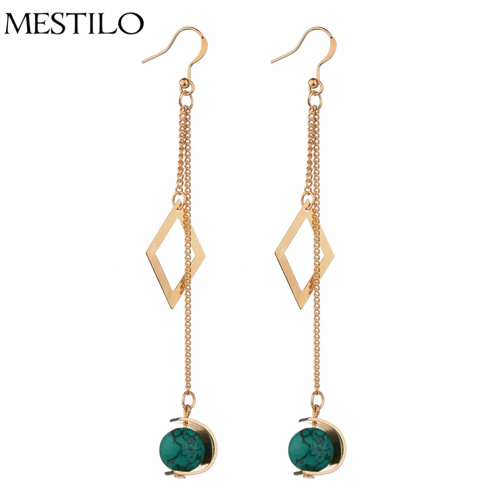 MESTILO Gold Color Chain Rhombus Dangle Earrings Vintage Stone Beads