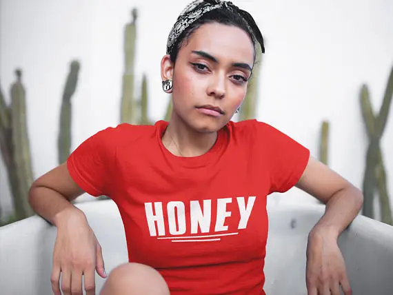 red graphic tee