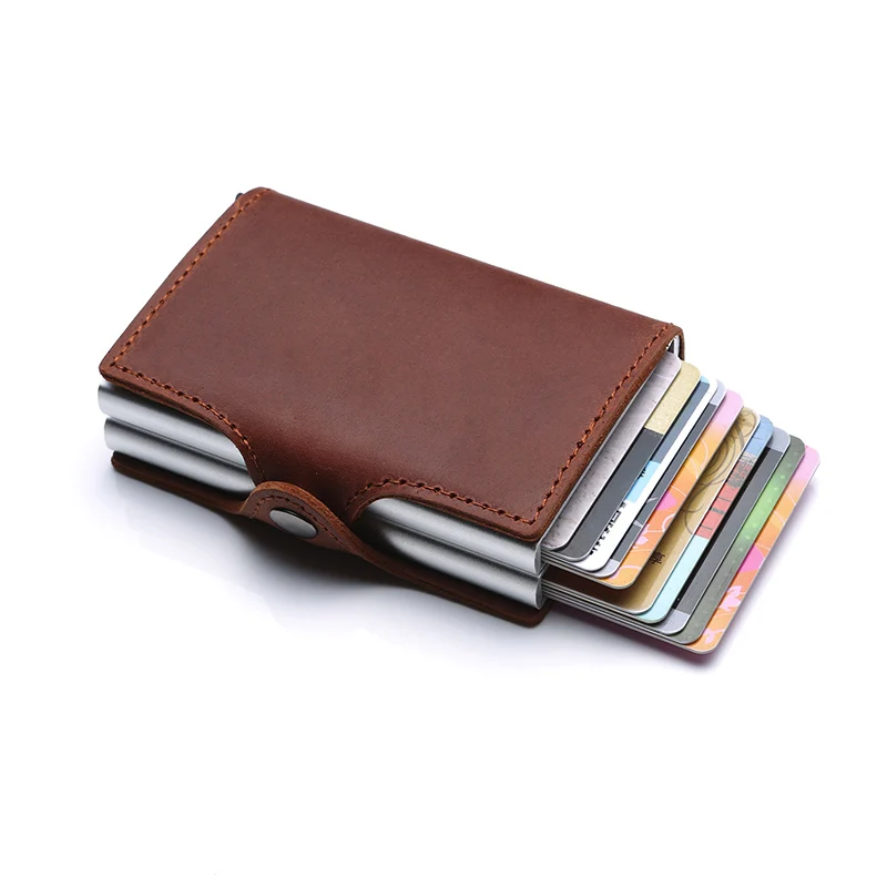 Двойной алюминиевый ящик бумажник с рчид из натуральной кожи Бизнес id держатель кредитной карты чехол смарт-металлический кошелек для кредитных карт