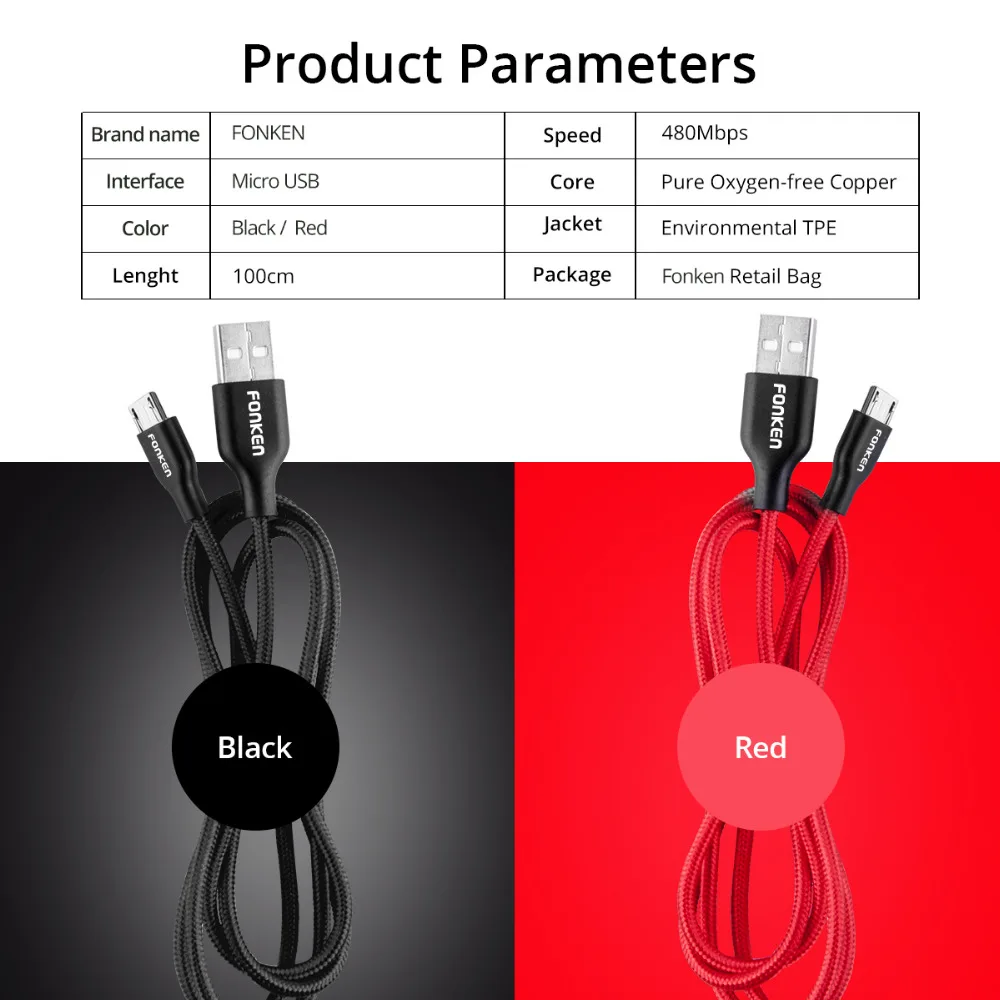 Кабель Micro USB FONKEN, быстрое зарядное устройство, кабель для телефона, Макс. 2,4 А, шнур для зарядки, нейлоновый плетеный провод, кабели для передачи данных для мобильных телефонов Android