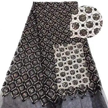 

Black New French Nigerian sequins net lace,African tulle mesh Sequence lace fabric high quality for wedding dress 5yards/lot