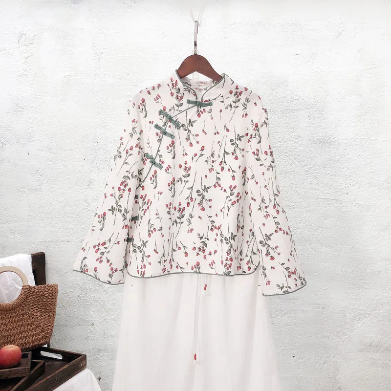 

New Plate Buttons Long-sleeve T-shirt Print Tea Dress Trumpet Sleeve Shirt Cotton Shirt Ladies Retro Chinese