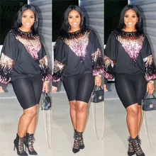 VAZN, Новое поступление, сексуальная одноцветная Футболка с блестками, женская футболка с круглым вырезом и длинным рукавом, плюс размер, женская футболка с вырезами, футболки PN6088