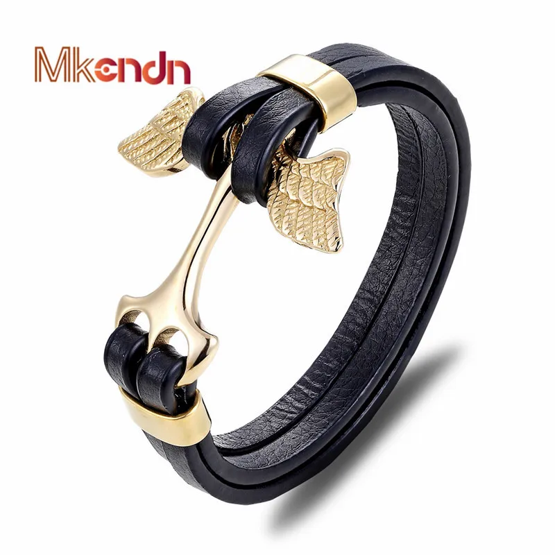 

MKENDN New Arrival Mens Bracelets Gold Angel Stainless Steel Skull Shackles Black Leather Bracelet Men Wristband Fashion Jewelry