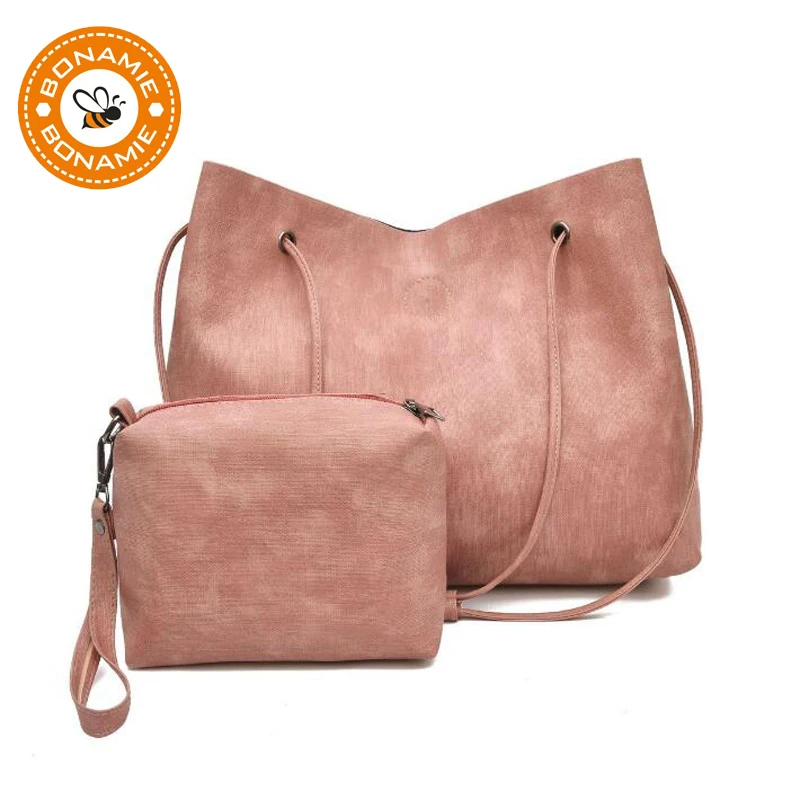 

BONAMIE Retro Handbags Women Female Tote Bag Shoulder Bags Messenger Bag PU Leather Lady Vintage Handbag Composite Bag 2pcs/set