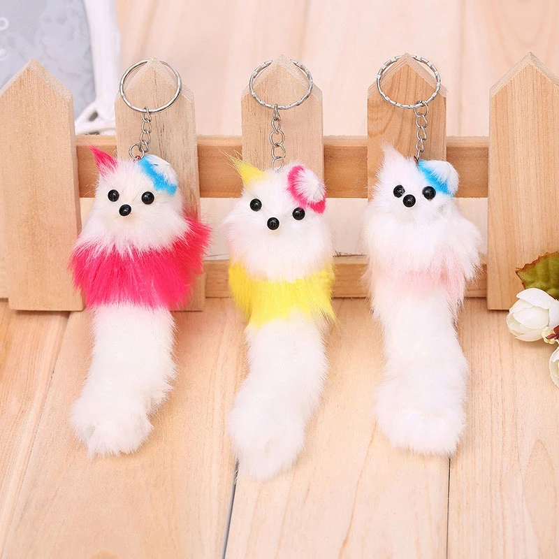 

New 1pcs Kawaii Plush Fox Hanging Fashion Women's Fluffy Fur Keychain Plush Animal Handbag Silver Pendant Children's Toys Gifts