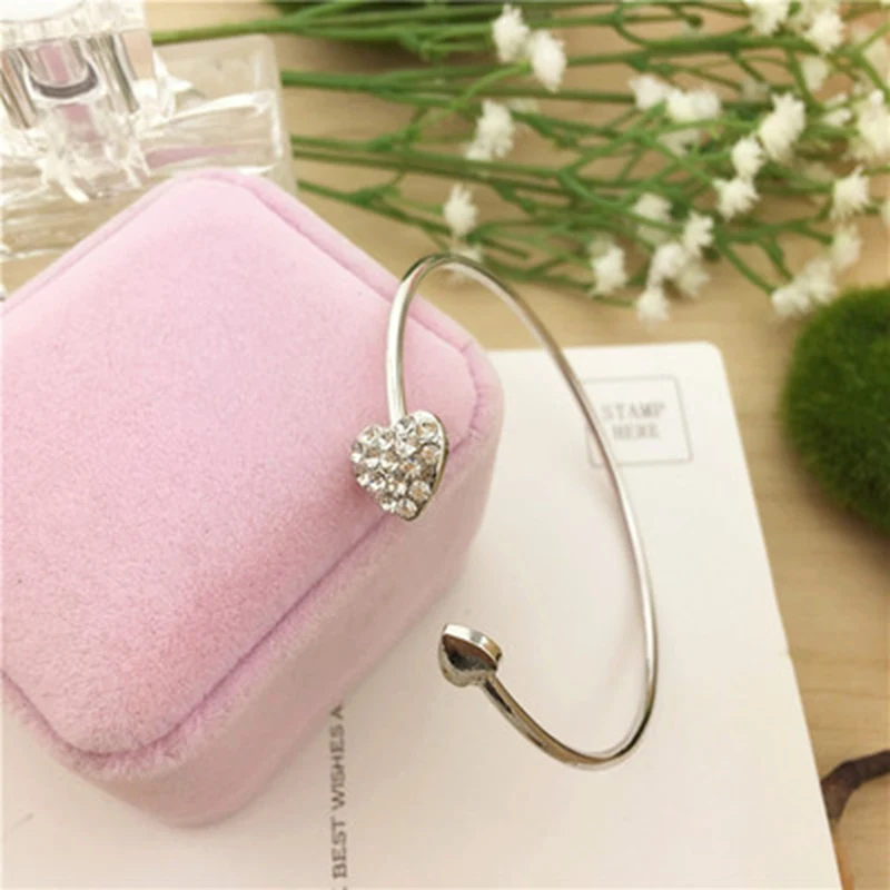 Hot New Fashion Adjustable Crystal Double Heart Bow Bilezik Cuff Opening Bracelet For Women Jewelry Gift Mujer Pulseras 7g