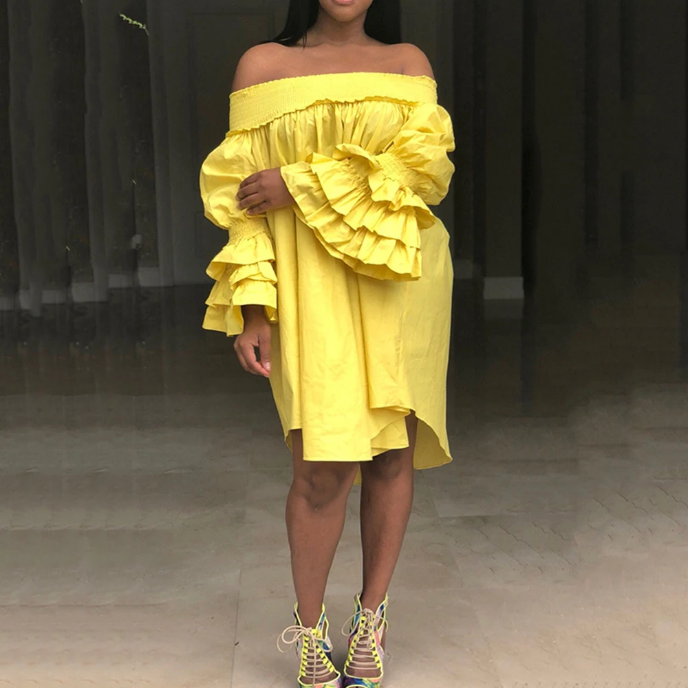 

2018 Women Sexy Off The Shoulder Slash Neck Ruffles Long Sleeve Asymmetric Hem Dress