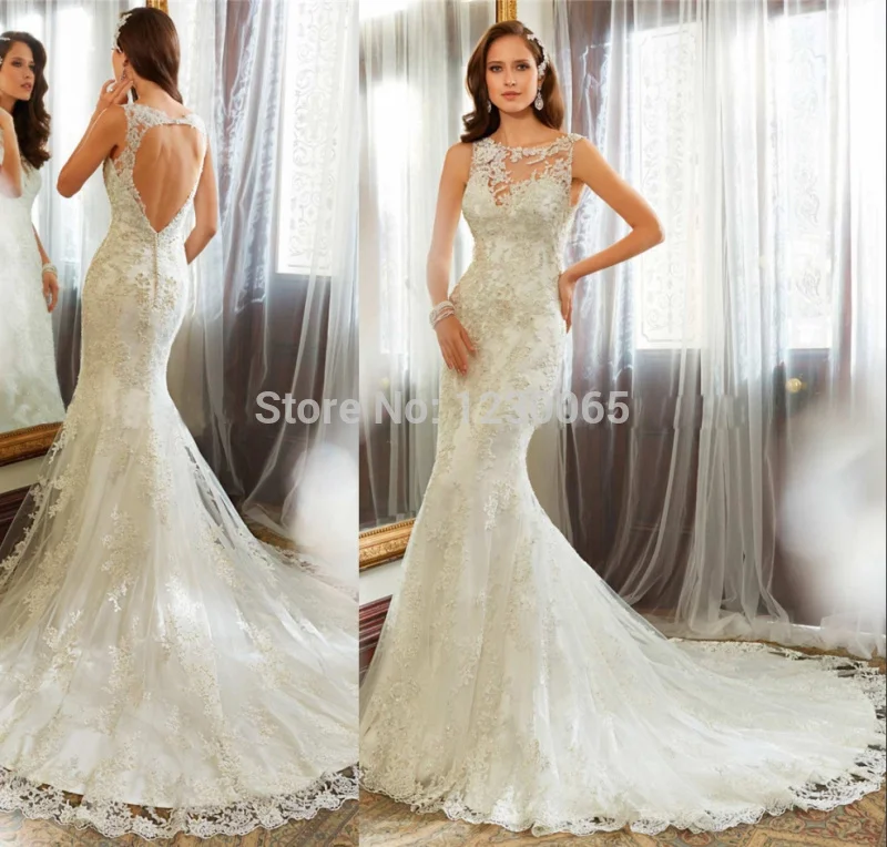 

free shipping long romantic Bridal Gown boda 2016 casamento lace appliques vestido de noiva sexy backless mermaid wedding dress