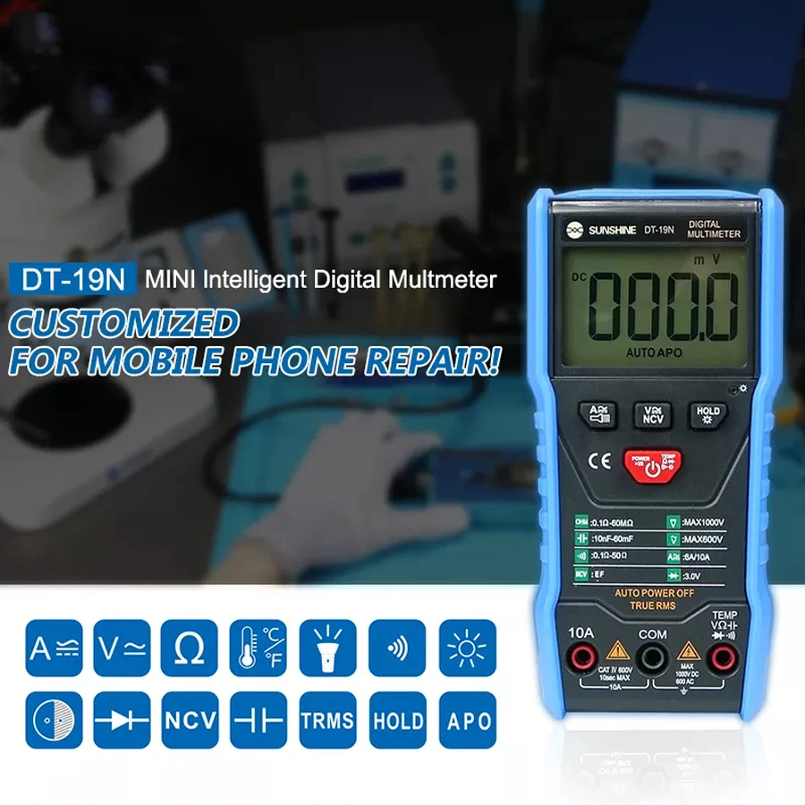 Mini Smart Multimeter Range Mobile Phone Repair Digital Multimeter AC DC Resistance Tester SUNSHINE DT-19N