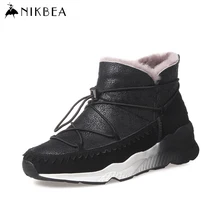 NIKBEA Sheepskin Fur Snow Boots Women Winter Boots 2016 Genuine Leather Casual Platform Boots Wedge Warm Snowboots Ankle Shoes