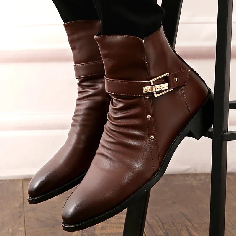 

Casual Fashion Ankle Men Chelsea Boots Pointed Toe Med Winter Vintage Motorcycle Boots Sewing Solid Zip British Style Shoes