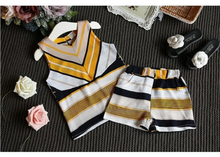 Sleeveless Girls Clothing Sets Casual Chiffon Striped Shirt Tops Shorts 2-piece Kids Clothes 2019 Summer Children Outfits Suit (6)