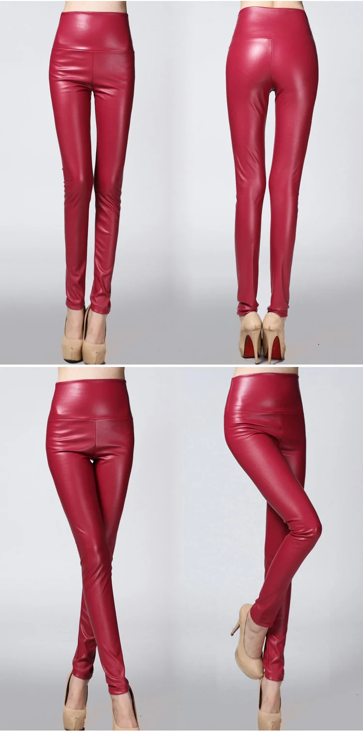 Autumn and winter large size with fleece PU color imitation leather leggings high waist tight leather trousers for women slim (31)