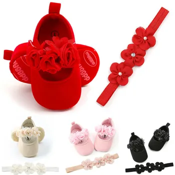

Cotton Newborn kids Soft Crib shoes Flower Cute princess Infant Baby Girls Sole Prewalker Shoes headbands Set Fashion 0-18M