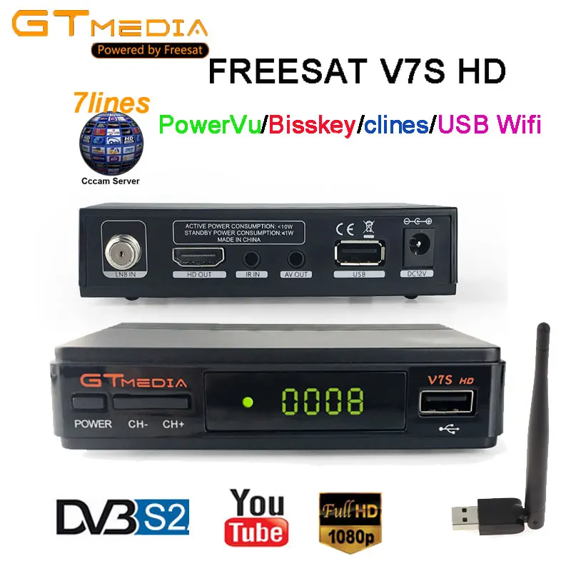 

FREESAT V7S HD Satellite TV Receiver Receptor with 1 year 7lines cccam Europe Cline youtube powervu bissskey Spain,Portugal,UK