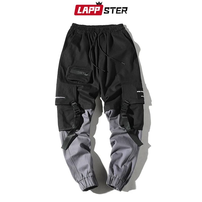 LAPPSTER Pachwork Cargo Pants 2023 Streetwear Hip Hop Ribbons Joggers Pants  Men Japanese Style Black Casual Track Pants Fashions