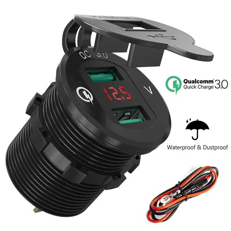 

QC 3.0 Car Power Outlet Marine Cigarette Lighter Adapter Dual USB Charger Socket LED Voltmeter For 12V/24V Boat Motocycle#292506