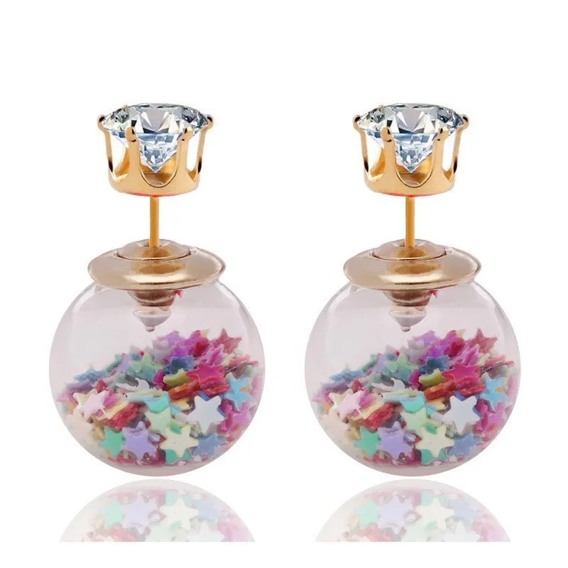

Fashion Golden Crown Crystal Shining Double Sides Big Glass Pearl Stud Earrings Star Ball Earrings Ear Stud Women C4S1219
