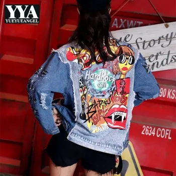 

Hip Hop Personality Printing Color Patchwork Women Jeans Coats Long Sleeve Fashion Hole Ripped Loose Casual Female Denim Jackets