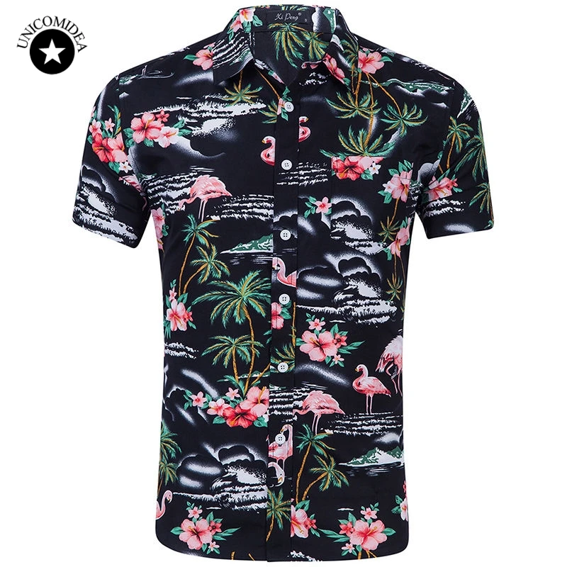 

New Flamingo Hawaiian Shirt Men Summer Short Sleeve Beach Shirts Casual Slim Fit Dress Shirt Mens Chemise Homme
