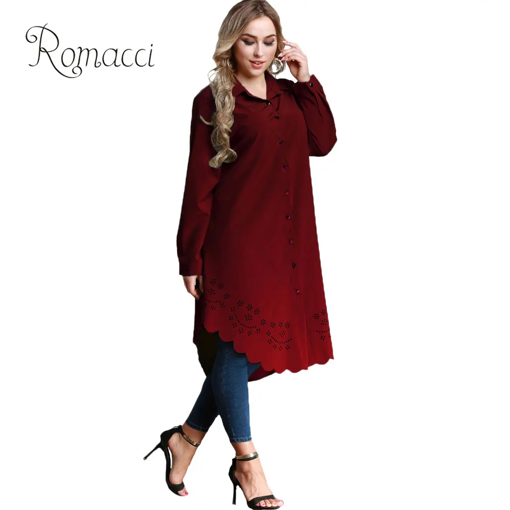 

Romacci Plus Size Long Shirts for Women 6XL Burning Flower Hollow Out Shirt Irregular Hem Belted Casual Tunic Long Blouse Top