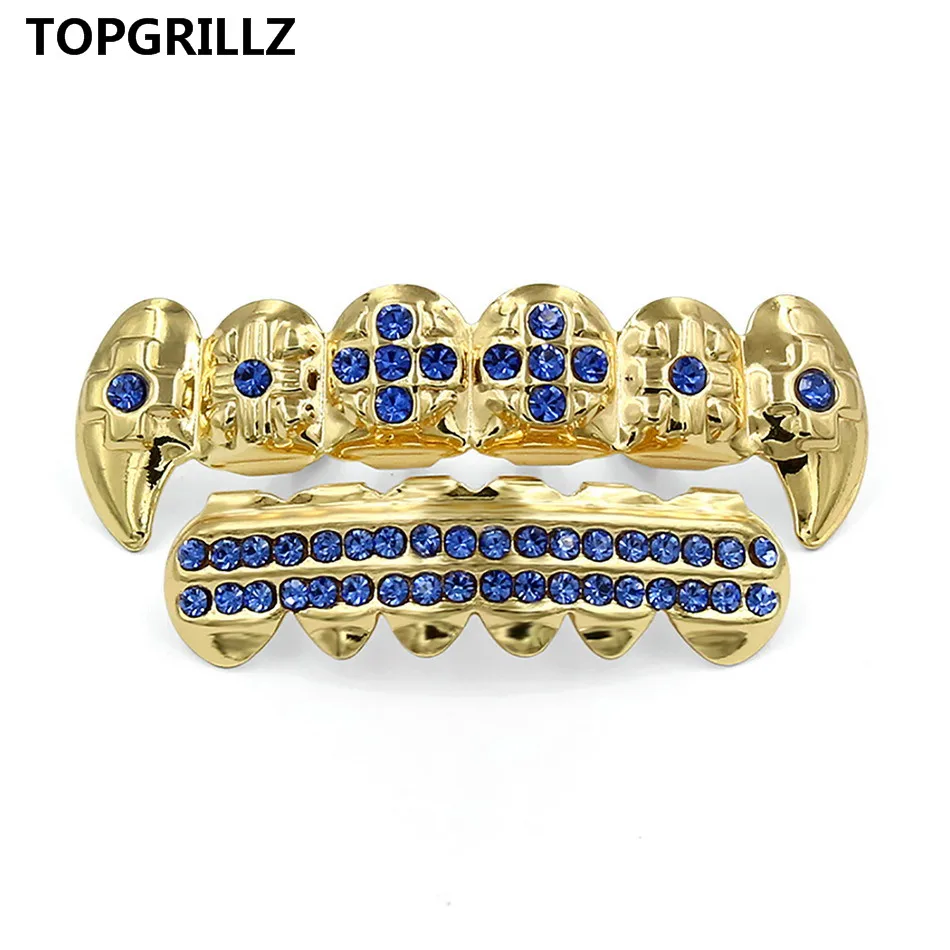 TOPGRILLZ Настоящее розовое золото цвет покрытием ICED OUT CZ зубы GRILLZ крест сверху и снизу зуб шапки Хип Хоп Bling Золотые грили - Окраска металла: Blue Set