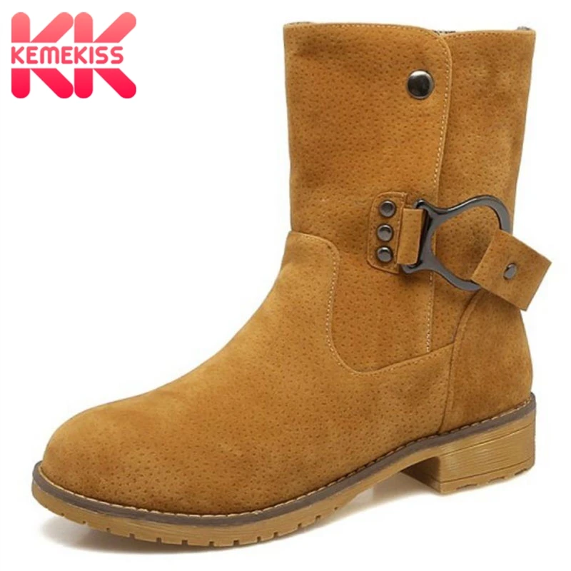 

KemeKiss Size 34-43 Women High Heel Boots Rivet Metal Buckle Half Short Boots Thick Fur Shoes Cold Winter Botas Women Footwears