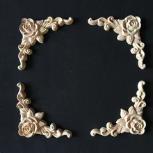 4PCS Retro Rose Floral Wood Carved Decal Corner Applique Decorate Frame Wall Doors Furniture Decorative Wooden