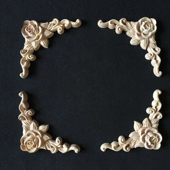 

4PCS Retro Rose Floral Wood Carved Decal Corner Applique Decorate Frame Wall Doors Furniture Decorative Wooden Figurines Carfts