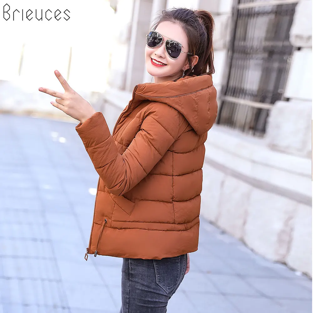 Brieuces 2019 Winter Jacket Women Coat Warm Parkas Short Hooded Cotton-padded Coats Solid Color Basic Wadded Jacket Female