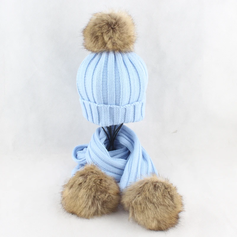 Комплект из 2 предметов Мех животных шапочка с помпонами шарф шапка для маленьких детей теплый вязаный зимний шапки детей