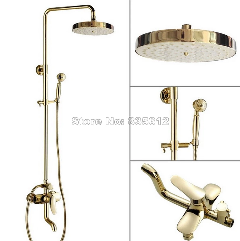 Gold Color Brass Rain Shower Faucet Set With Handheld Shower Head