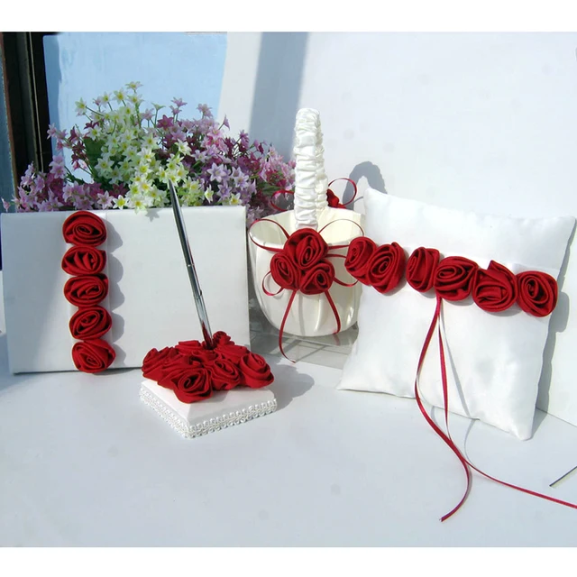 4pcs Set Red Rose Flower Satin Wedding Guest Book Sign Pen 4pcs Set Red Rose Flower Satin Wedding Guest Book Sign Pen Ring Pillow S