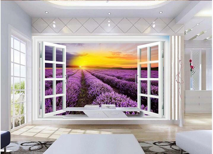 カスタム写真 3d 壁紙ウィンドウラベンダー花畑背景 3d 壁の壁画壁紙リビングルームのホームインテリア Wallpaper Coffee Wallpaper Treewallpaper Girl Aliexpress