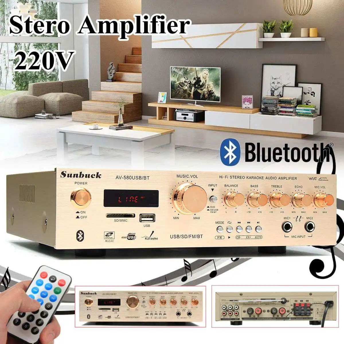 

3* 400W 580BT 5CH 220V Stereo Amplifier Sound Mode Audio Music Booster Card Remote Control Built-in bluetooth Amplifier For home
