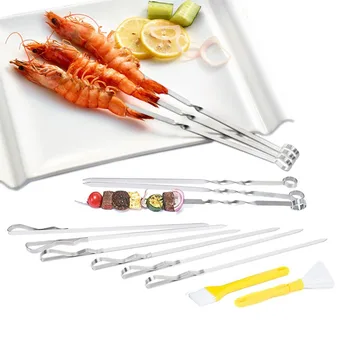 

12pcs Stainless Steel Flat Meat Skewers Outdoor Traveling Heat Resistance BBQ Barbecue Needle Skewers Camping Dining BBQ Tools