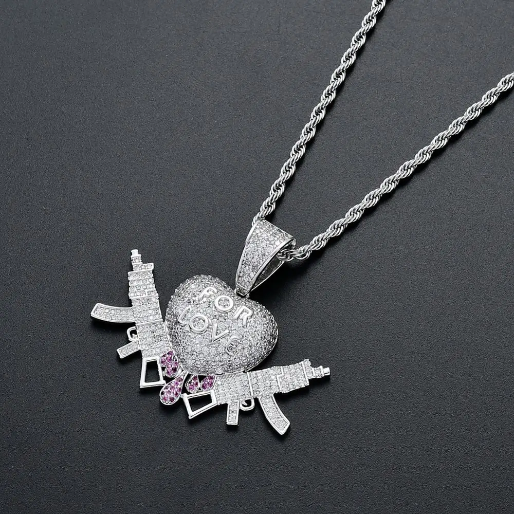 Латунь CZ для сердца любви с кулоны с оружием мужчин и женщин ожерелье хип хоп ювелирные изделия подарок CN116