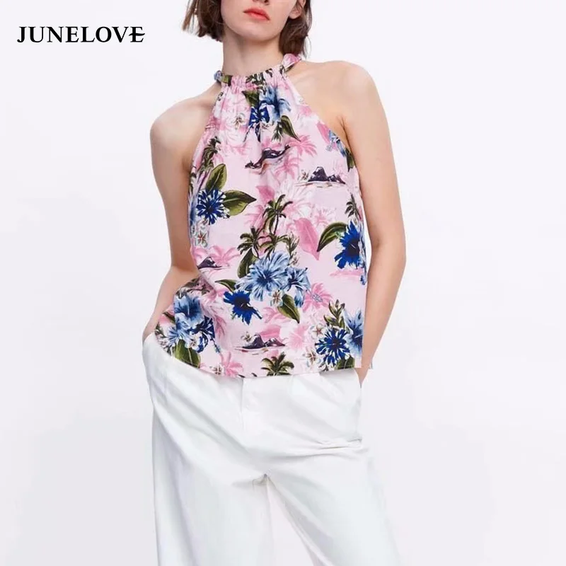 JuneLove Women Summer Sexy Boho Blouse Shirts Vintage Print Floral Female Hollow Out Blouse Beach Halter Lady Loose Blouse Tops