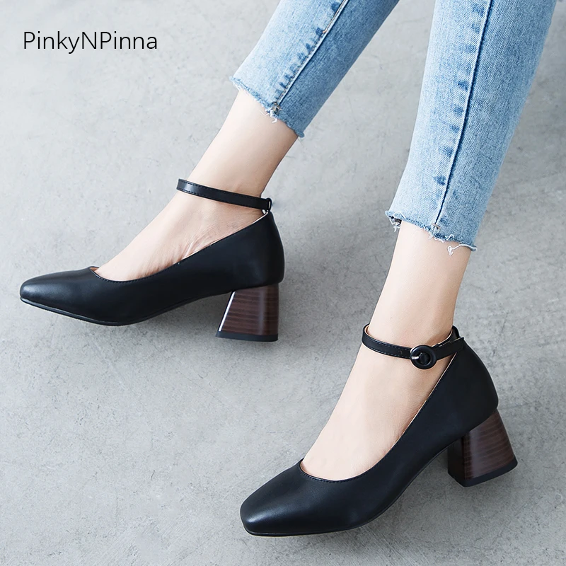 

classic women ankle strap detachable pumps black chunky heels shallow square toe summer office commuter ladies shoes large size