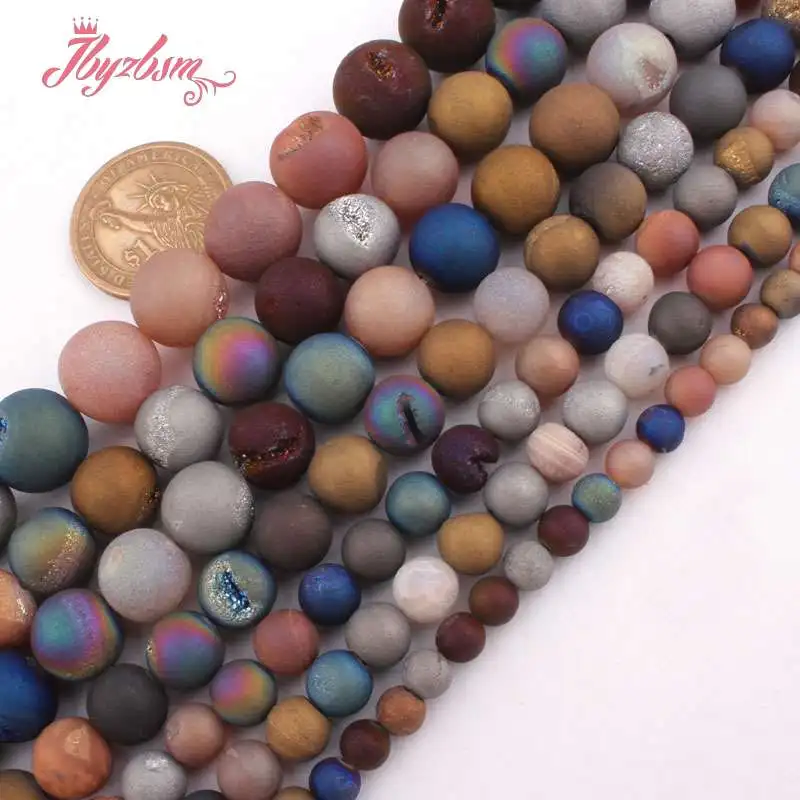 6,8, 10,12, 14 мм круглые бусы из натурального камня с металлическим покрытием Druzy Agates для самостоятельного изготовления ожерелья, браслетов, сережек, ювелирных изделий Str 15" - Цвет: Multi-Color