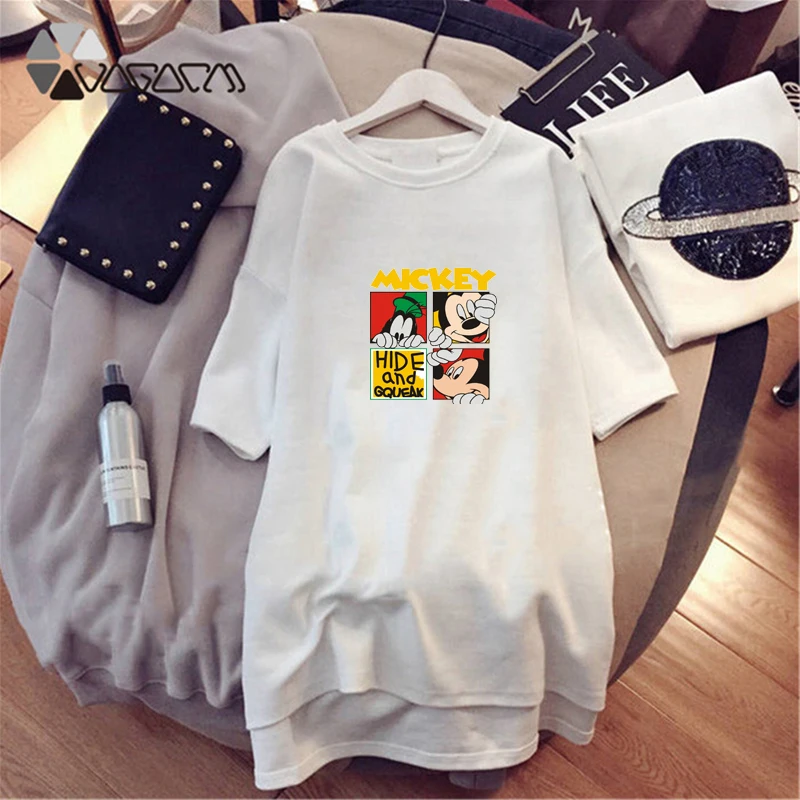 

Plus Size Summer Cute Mickey Mouse Women Dress Short Sleeve Casual Loose Black White Harajuku Mini Dress Kawaii M-4XL
