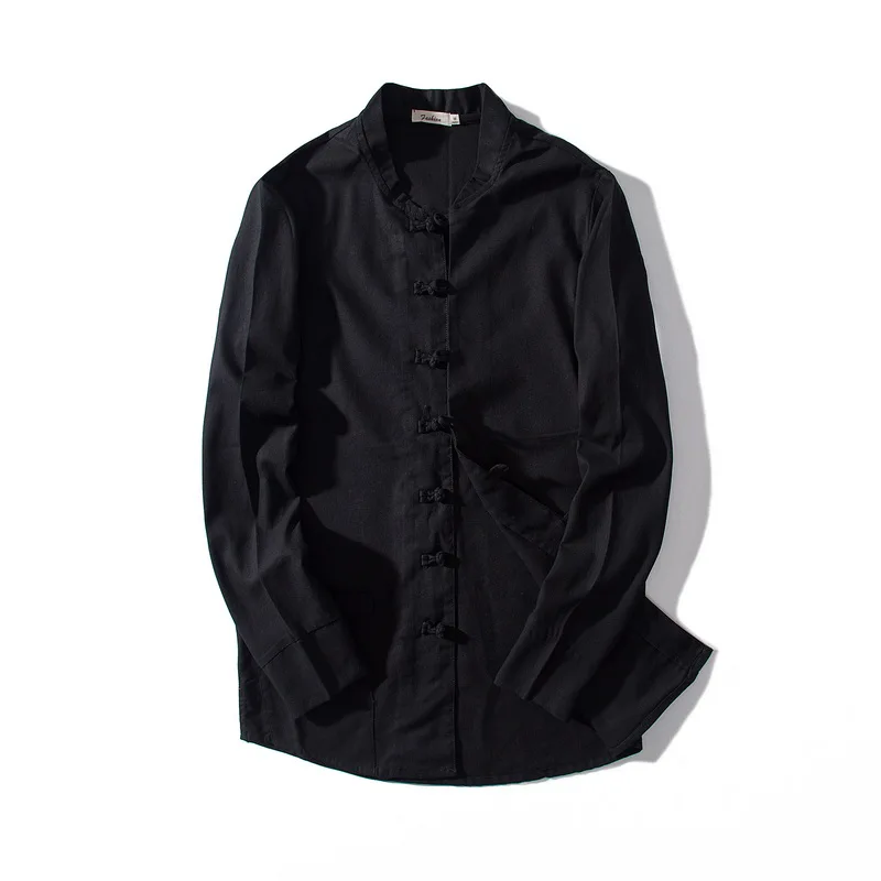 

2018 Autumn and winter new Chinese style men's casual stand collar linen shirts solid black shirt male trend tops chemise camisa