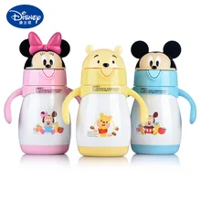 Disney Baby Stainless Steel Thermos Feeding Cup Learn Drinking Cup with Straw Thermal Bottle Leak-poof Vacuum Flask 300ml baby feeding thermos cup cute dog vacuum milk cup with bells girl stainless steel insulated cup leak poof hot water bottle