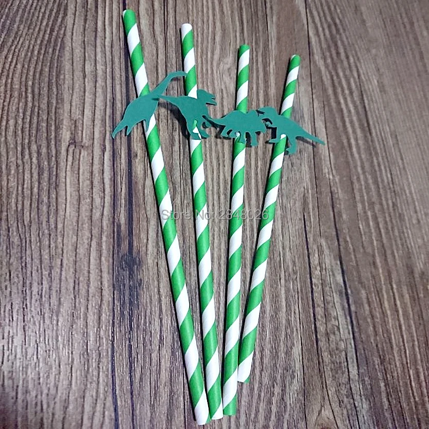 Green Dinosaur Paper Straws. stripe paper straws.boy birthday Party