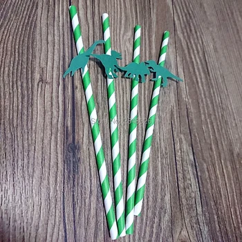 

Green Dinosaur Paper Straws. stripe paper straws.boy birthday Party. dinosaurs themed party table decor