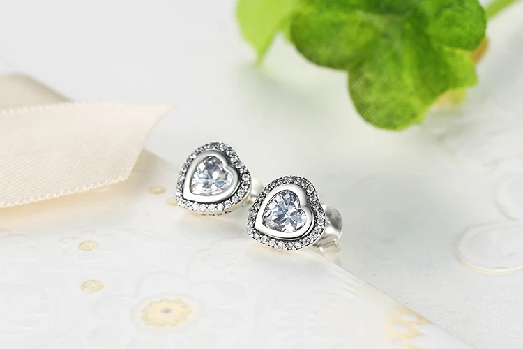 BAMOER 925 пробы серебряные серьги-гвоздики в форме сердца для женщин с прозрачным кубическим цирконием модные юбилейные ювелирные изделия PAS405