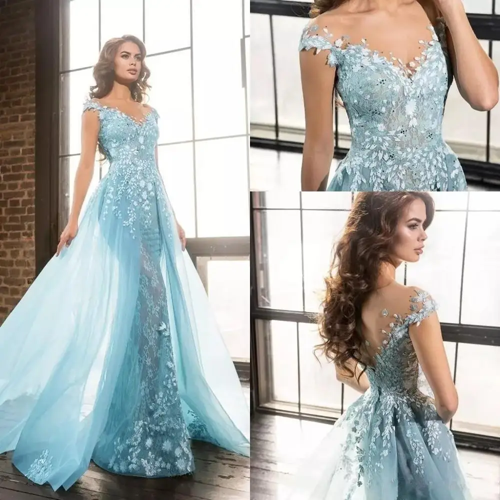 

2019 Light Blue Prom Dresses Arabic Sheer Jewel Lace Applique Beads Tulle Formal Evening Party Gowns