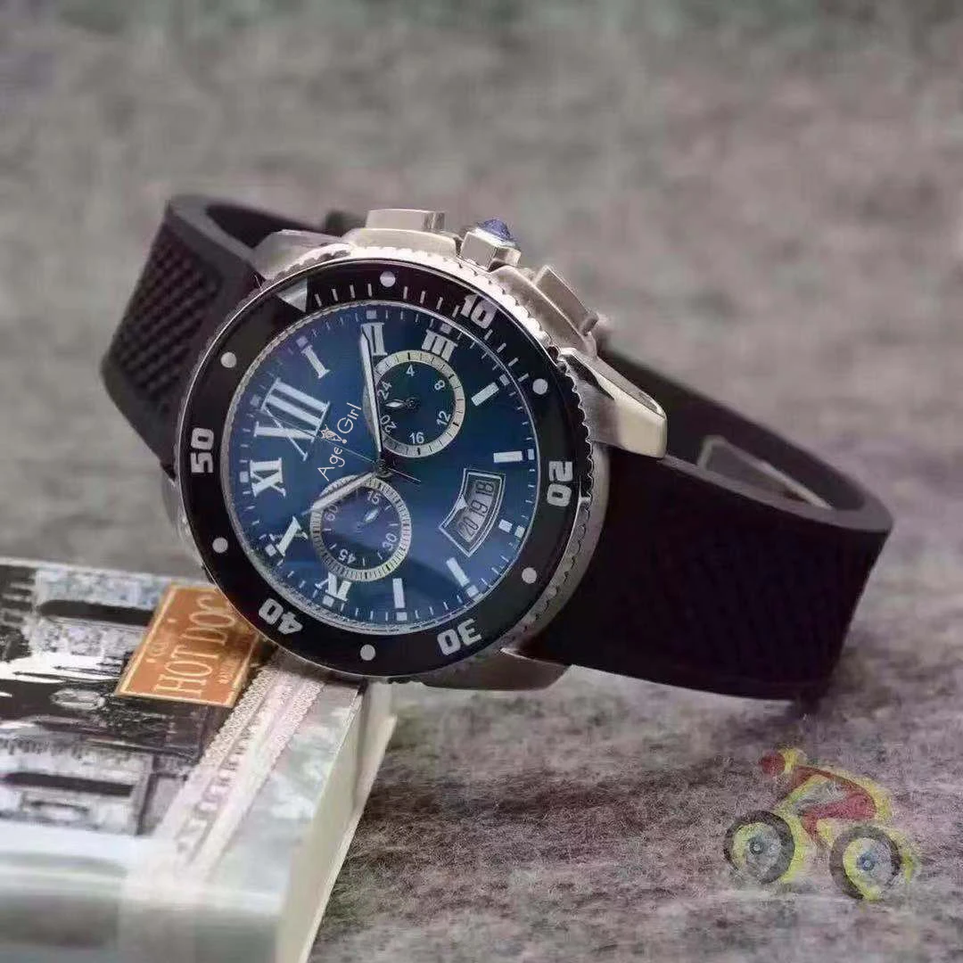 

Luxury Brand New Men Watch Quartz Chronograph Stopwatch Stainless Steel Sapphire Blue Ceramic Bezel Silver Rubber Black Watches